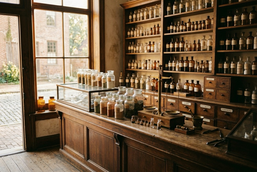 A vintage corner neighborhood pharmacy